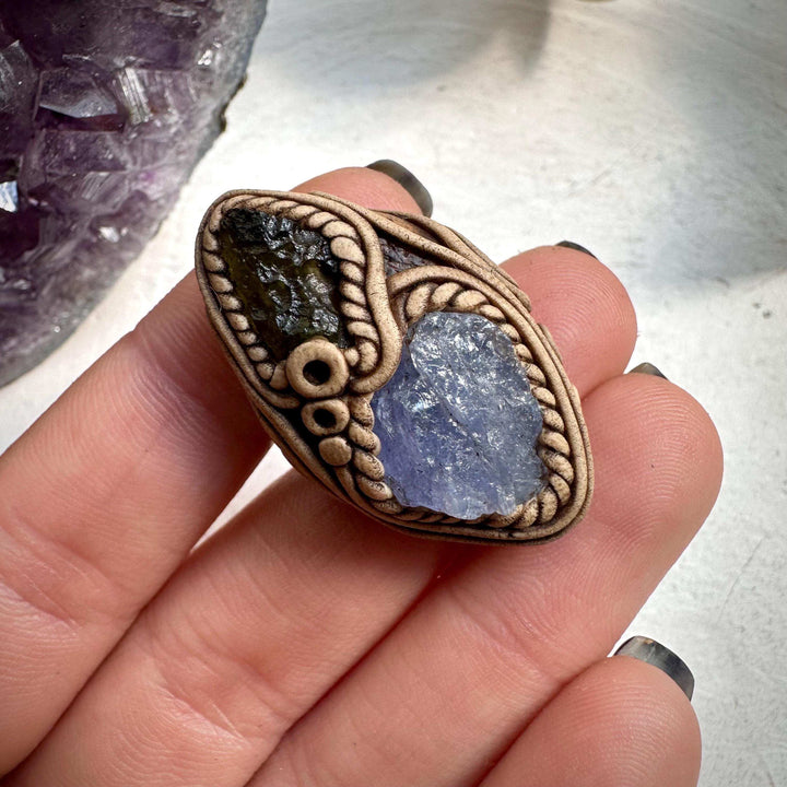 Tanzanite and Raw Moldavite Ring - FairyGardenGlow