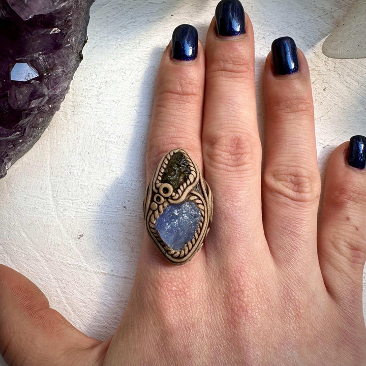 Tanzanite and Raw Moldavite Ring - FairyGardenGlow