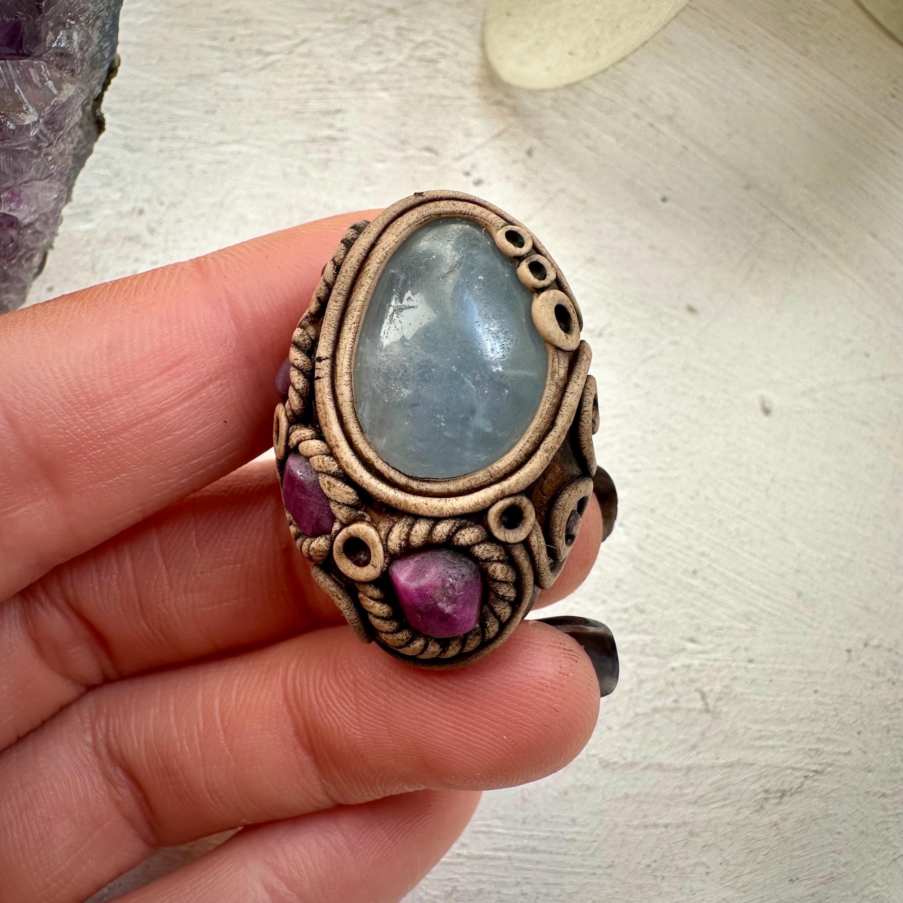 Celestite and Ruby Ring - FairyGardenGlow