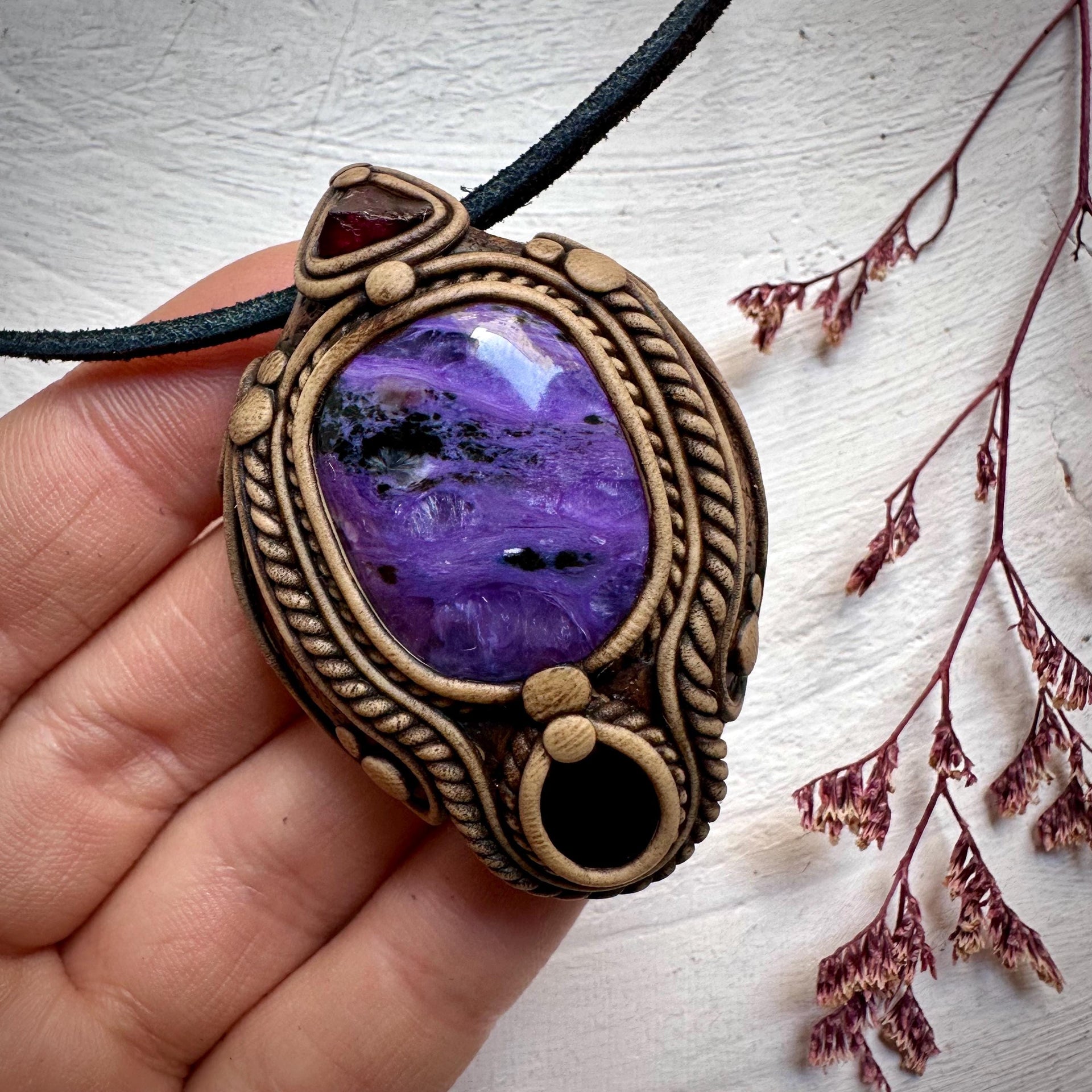Charoite Black Onyx and Garnet Pendant Necklace - FairyGardenGlow