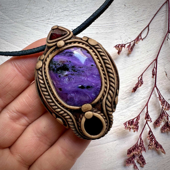 Charoite Black Onyx and Garnet Pendant Necklace - FairyGardenGlow
