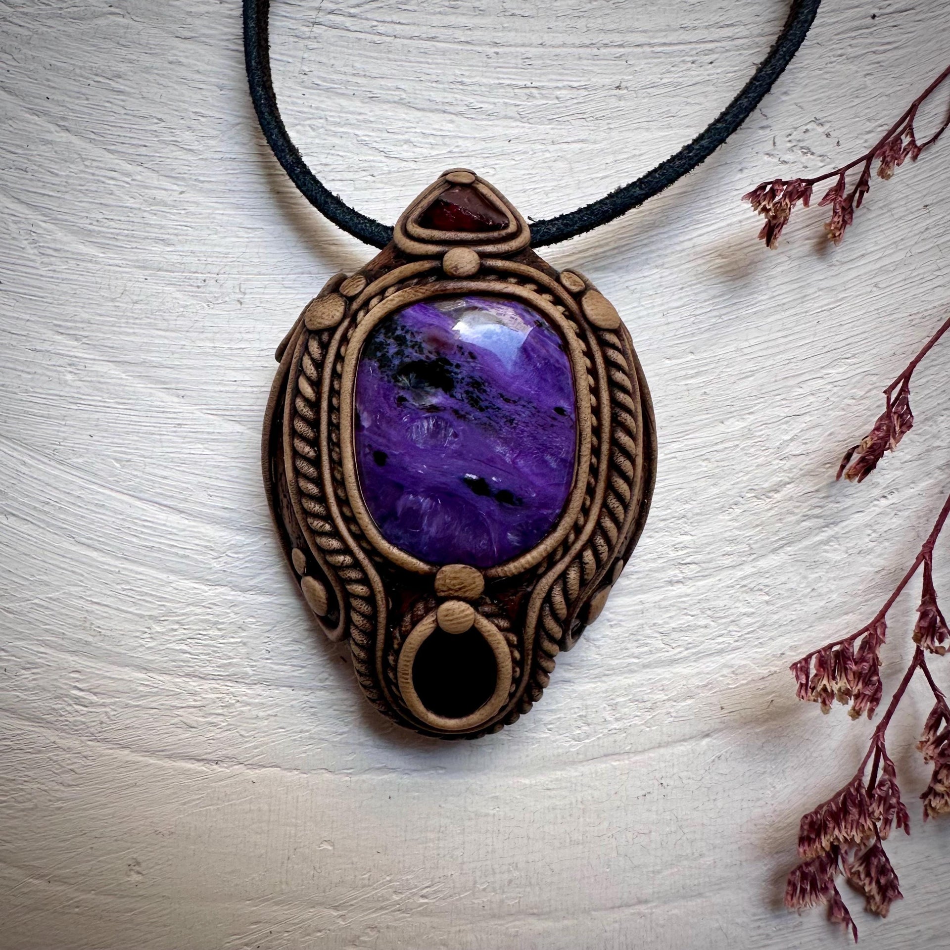 Charoite Black Onyx and Garnet Pendant Necklace - FairyGardenGlow