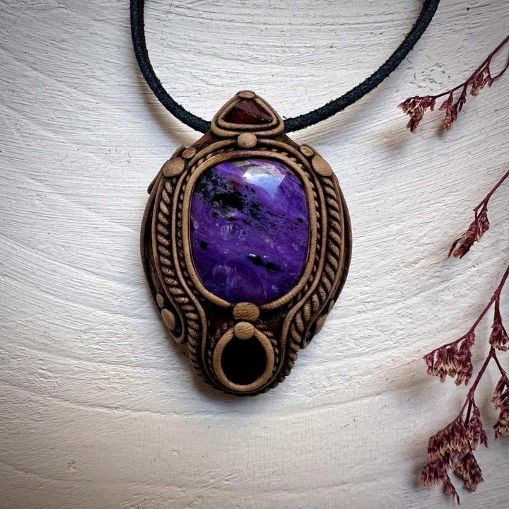 Charoite Black Onyx and Garnet Pendant Necklace - FairyGardenGlow