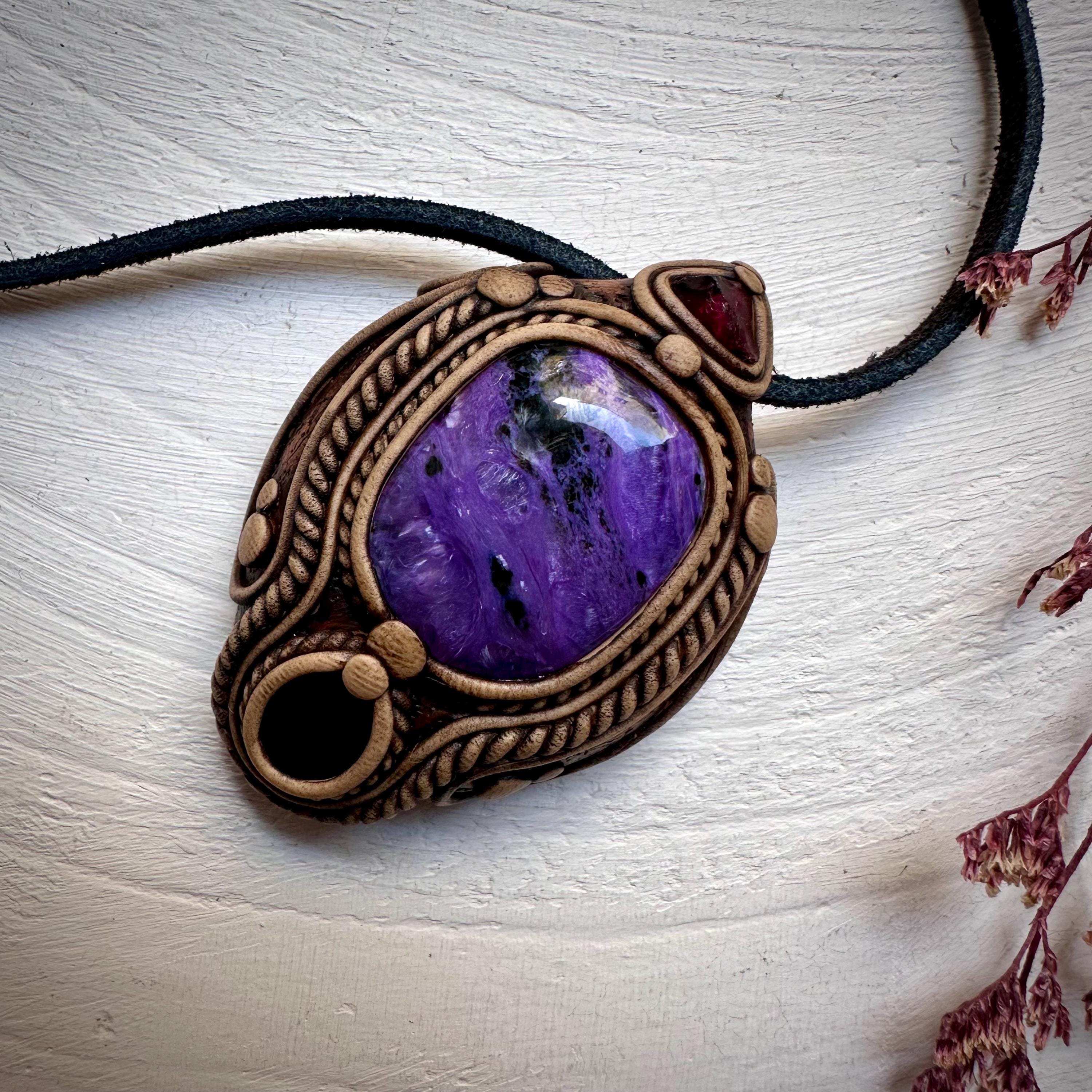 Charoite Black Onyx and Garnet Pendant Necklace - FairyGardenGlow