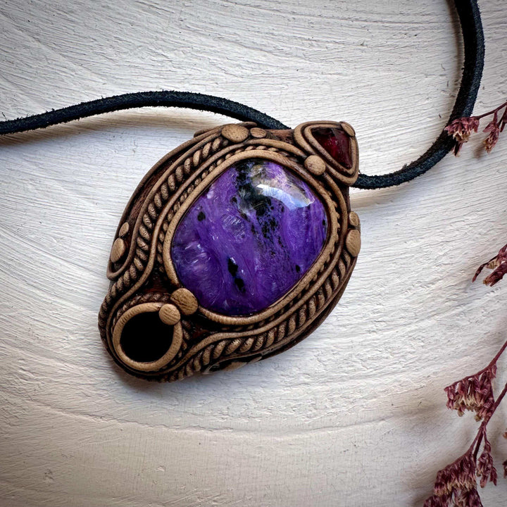 Charoite Black Onyx and Garnet Pendant Necklace - FairyGardenGlow