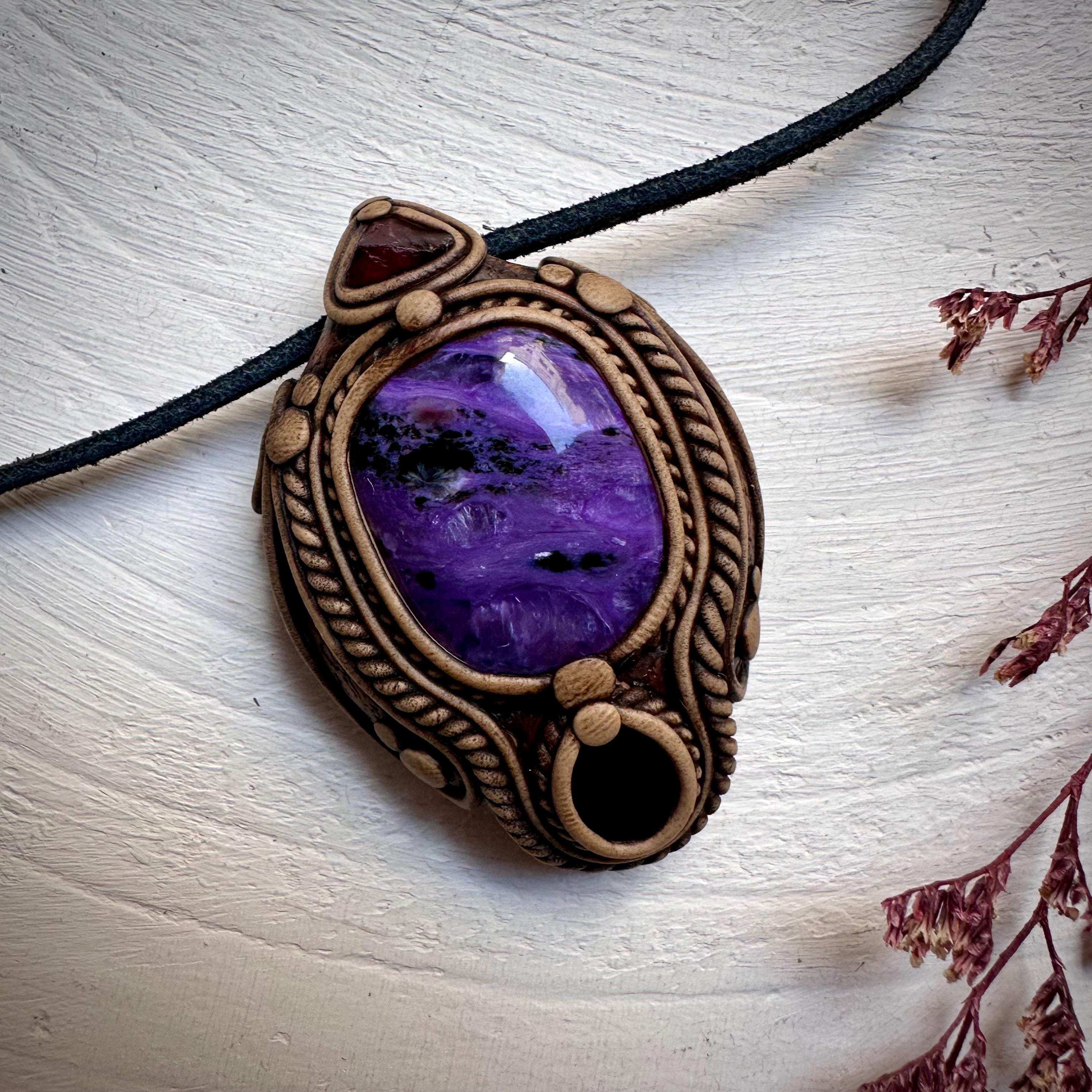 Charoite Black Onyx and Garnet Pendant Necklace - FairyGardenGlow