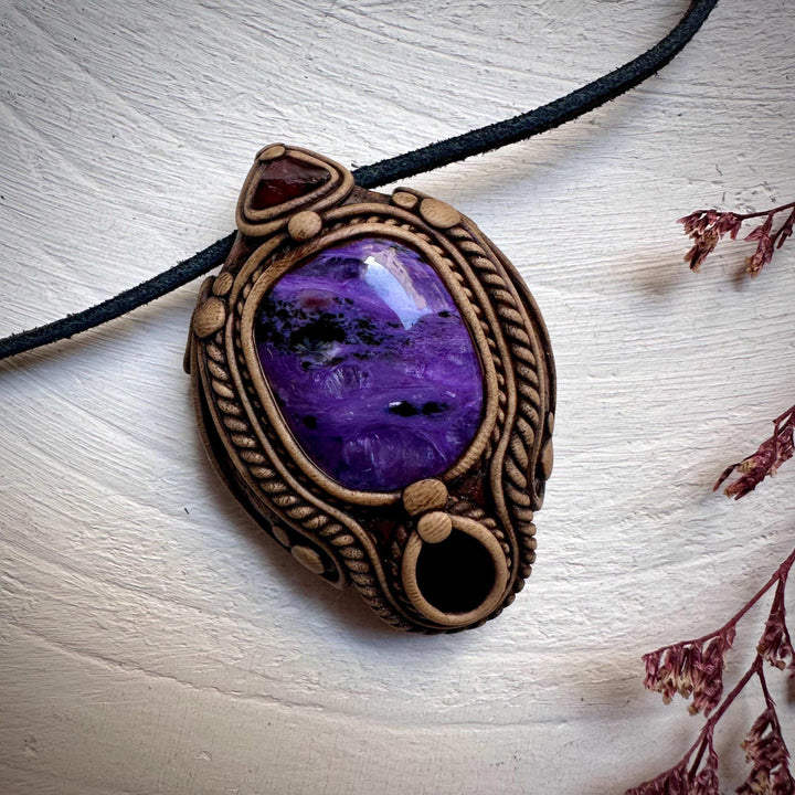 Charoite Black Onyx and Garnet Pendant Necklace - FairyGardenGlow