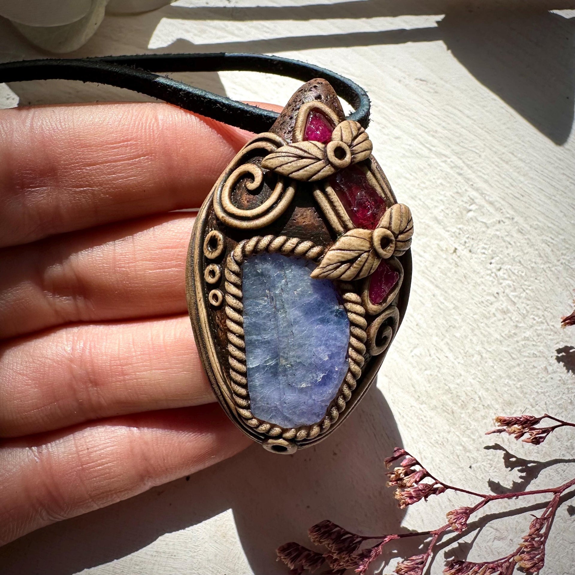 Tanzanite Rhodolite Garnet and Mozambique Ruby Pendant - FairyGardenGlow
