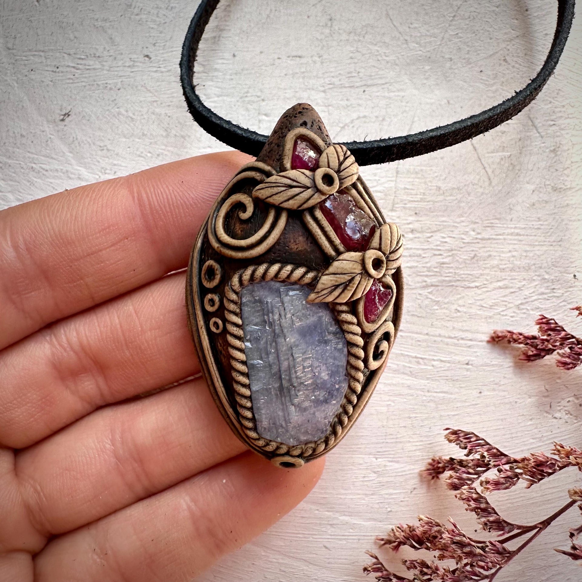 Tanzanite Rhodolite Garnet and Mozambique Ruby Pendant - FairyGardenGlow