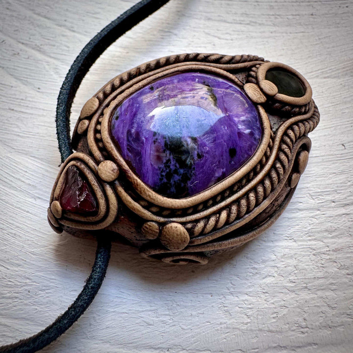 Charoite Black Onyx and Garnet Pendant Necklace - FairyGardenGlow