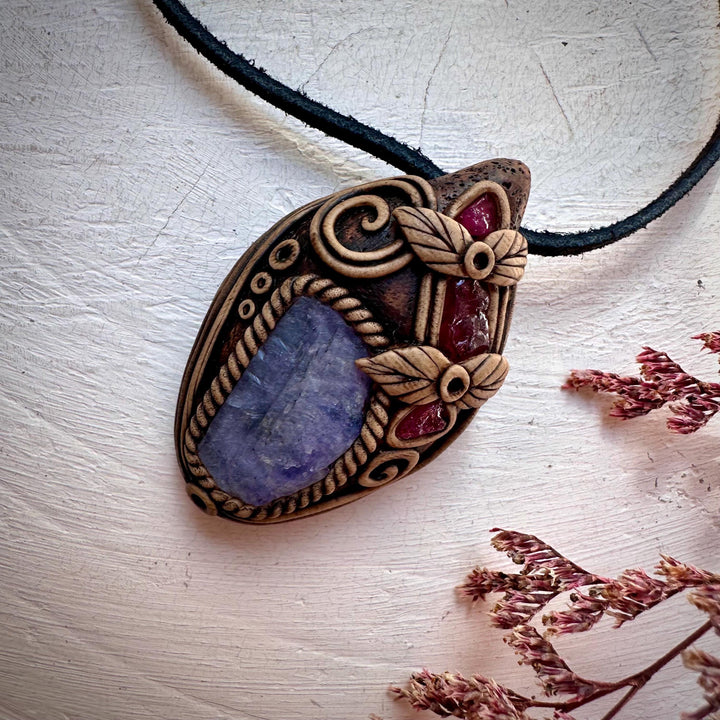 Tanzanite Rhodolite Garnet and Mozambique Ruby Pendant - FairyGardenGlow