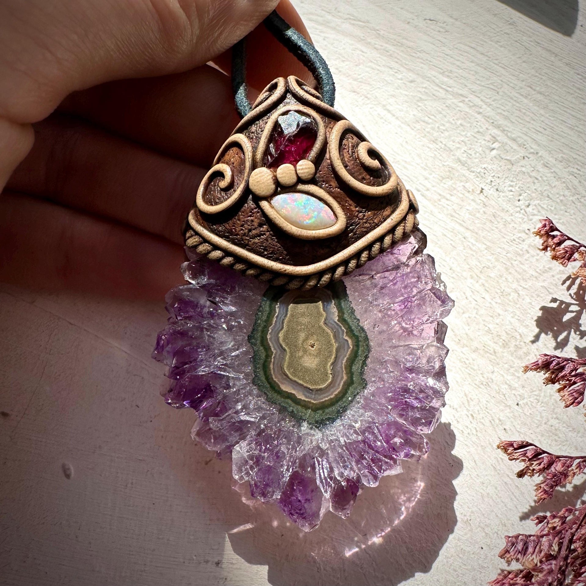 Amethyst Stalactite with Australian Opal and Rhodolite Garnet Necklace - FairyGardenGlow