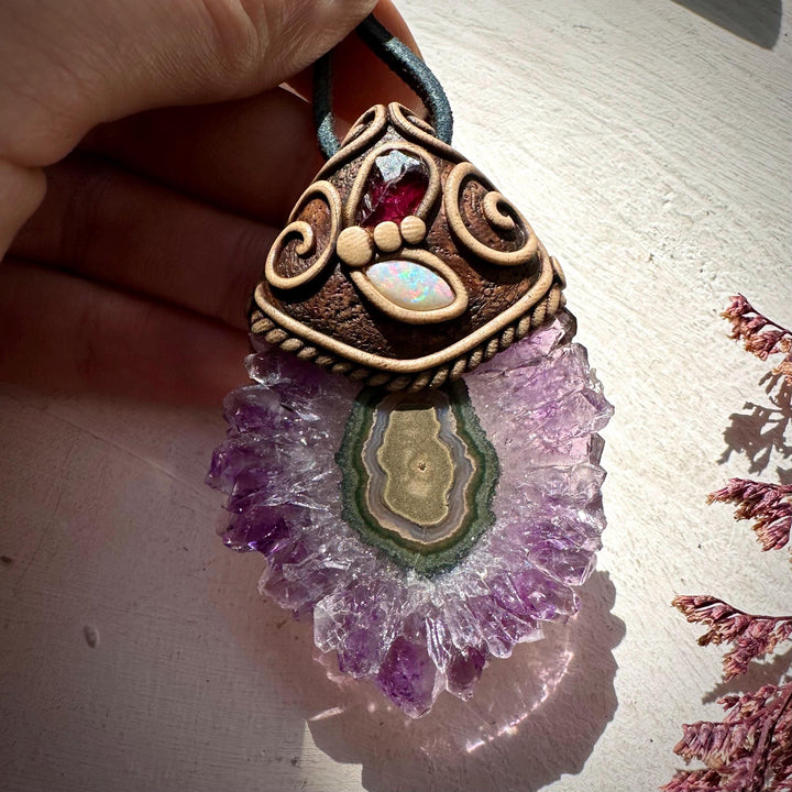 Amethyst Stalactite with Australian Opal and Rhodolite Garnet Necklace - FairyGardenGlow