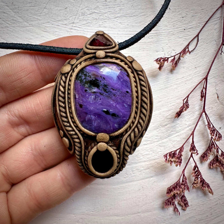 Charoite Black Onyx and Garnet Pendant Necklace - FairyGardenGlow