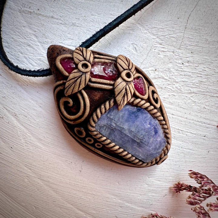 Tanzanite Rhodolite Garnet and Mozambique Ruby Pendant - FairyGardenGlow