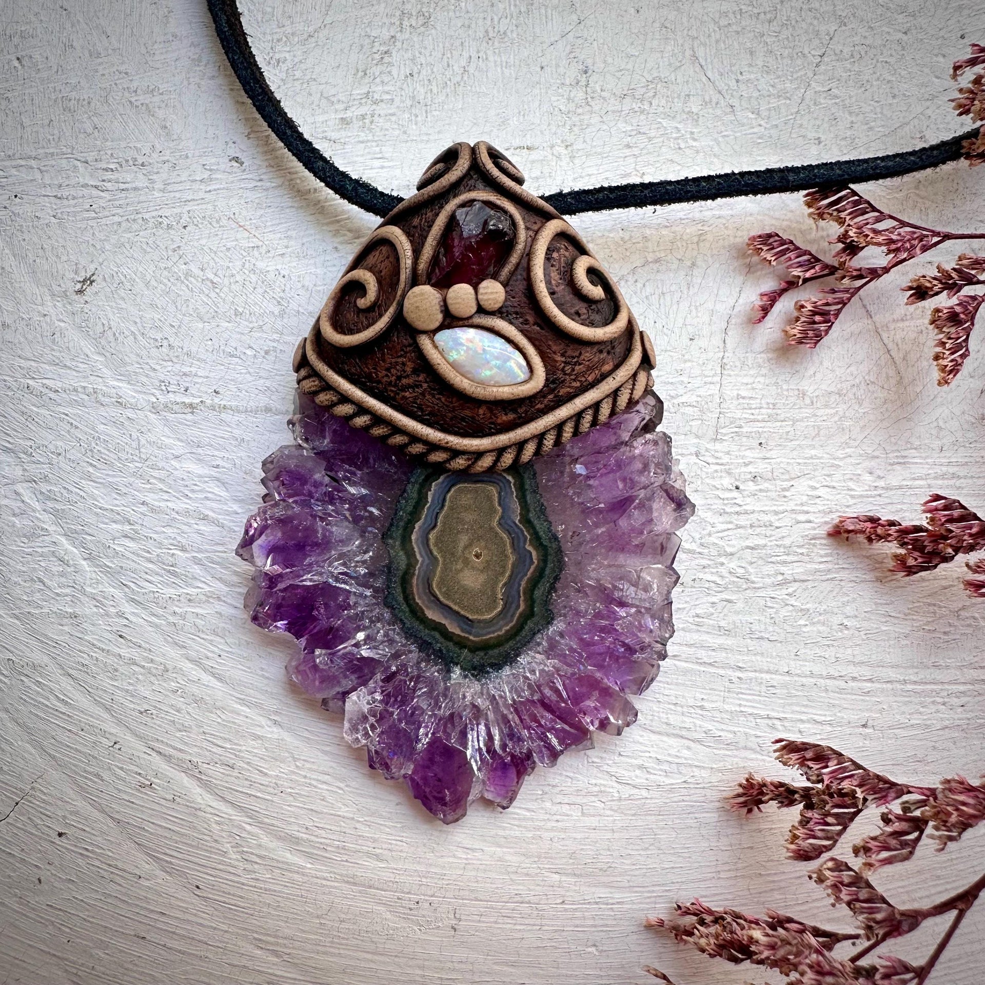 Amethyst Stalactite with Australian Opal and Rhodolite Garnet Necklace - FairyGardenGlow