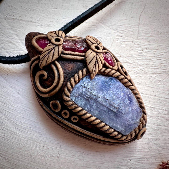Tanzanite Rhodolite Garnet and Mozambique Ruby Pendant - FairyGardenGlow