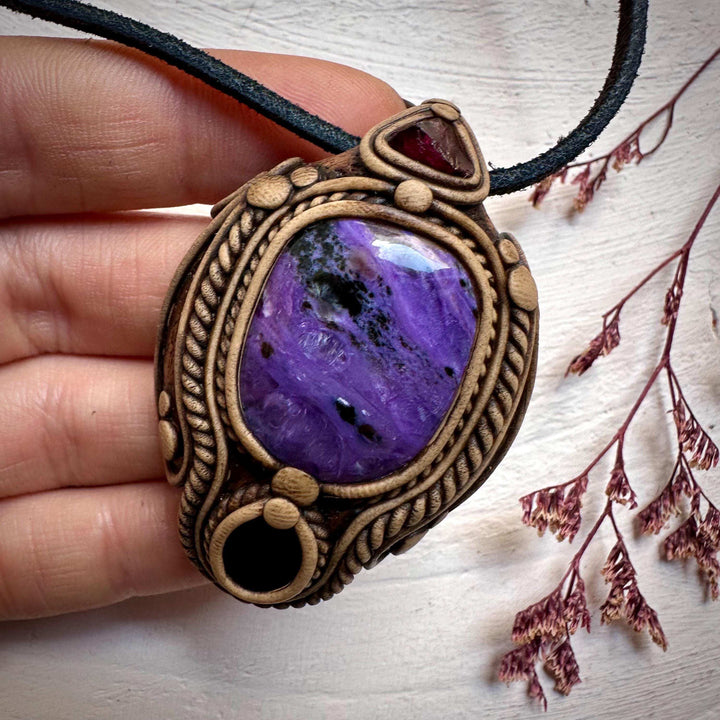 Charoite Black Onyx and Garnet Pendant Necklace - FairyGardenGlow