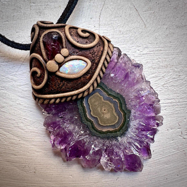 Amethyst Stalactite with Australian Opal and Rhodolite Garnet Necklace - FairyGardenGlow