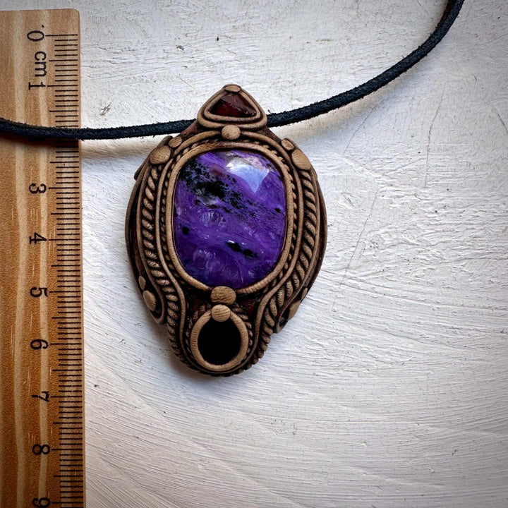 Charoite Black Onyx and Garnet Pendant Necklace - FairyGardenGlow