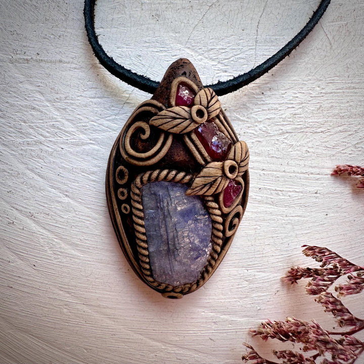 Tanzanite Rhodolite Garnet and Mozambique Ruby Pendant - FairyGardenGlow
