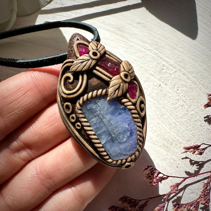 Tanzanite Rhodolite Garnet and Mozambique Ruby Pendant - FairyGardenGlow