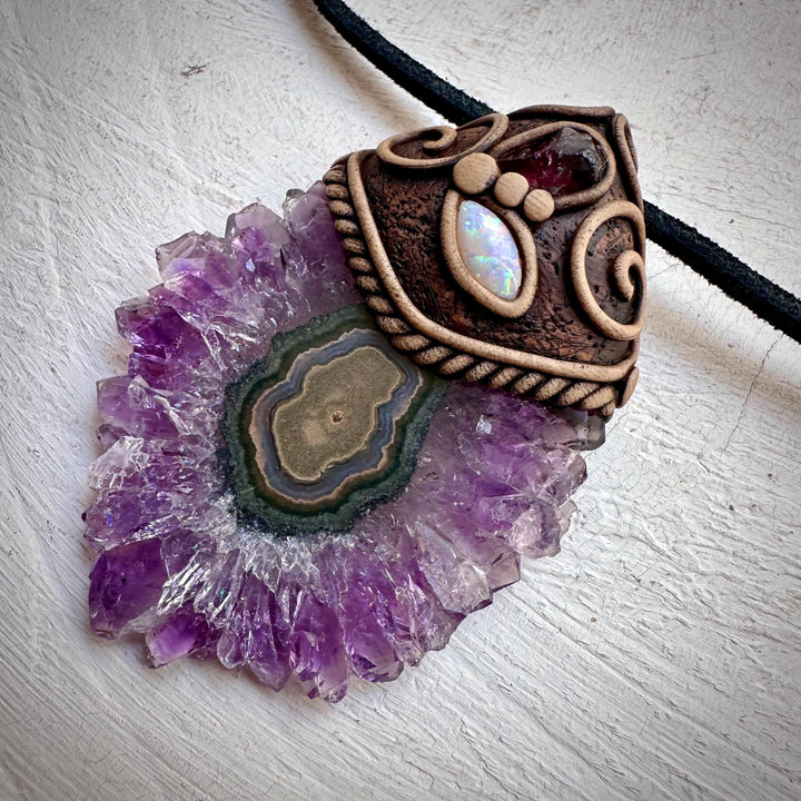 Amethyst Stalactite with Australian Opal and Rhodolite Garnet Necklace - FairyGardenGlow