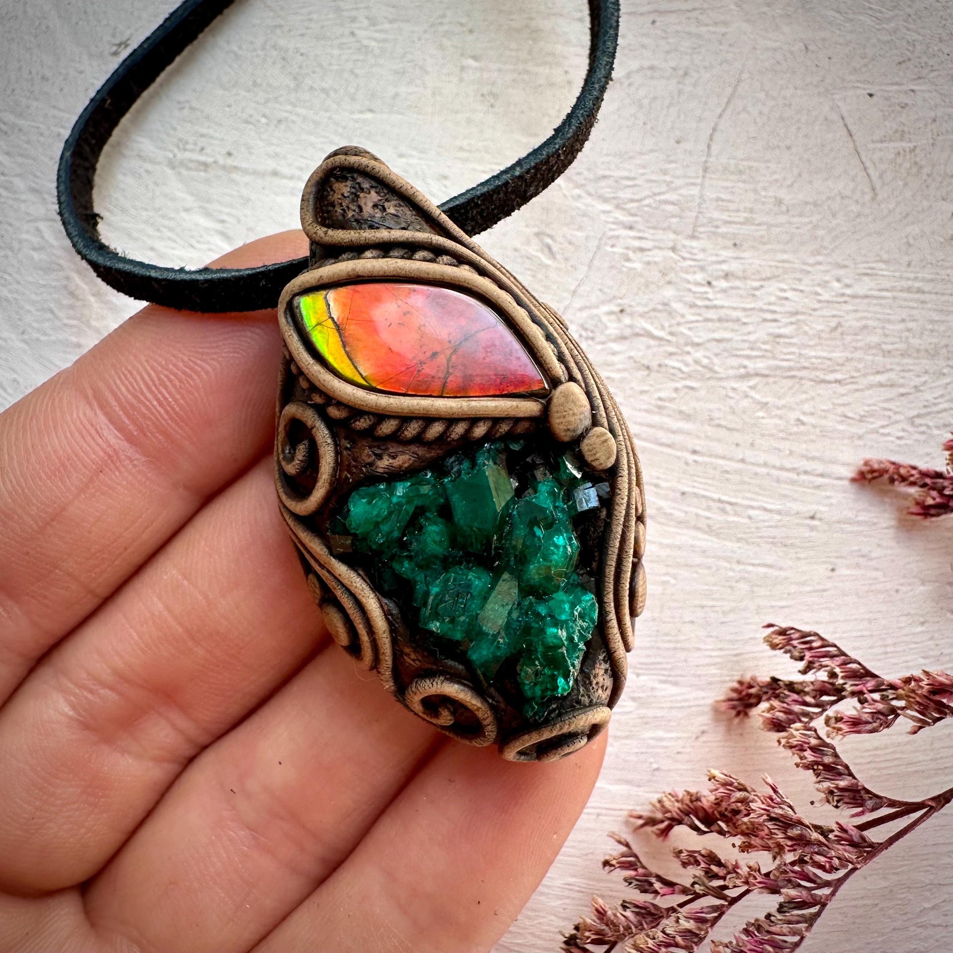 Dioptase and Ammolite Pendant Necklace - FairyGardenGlow