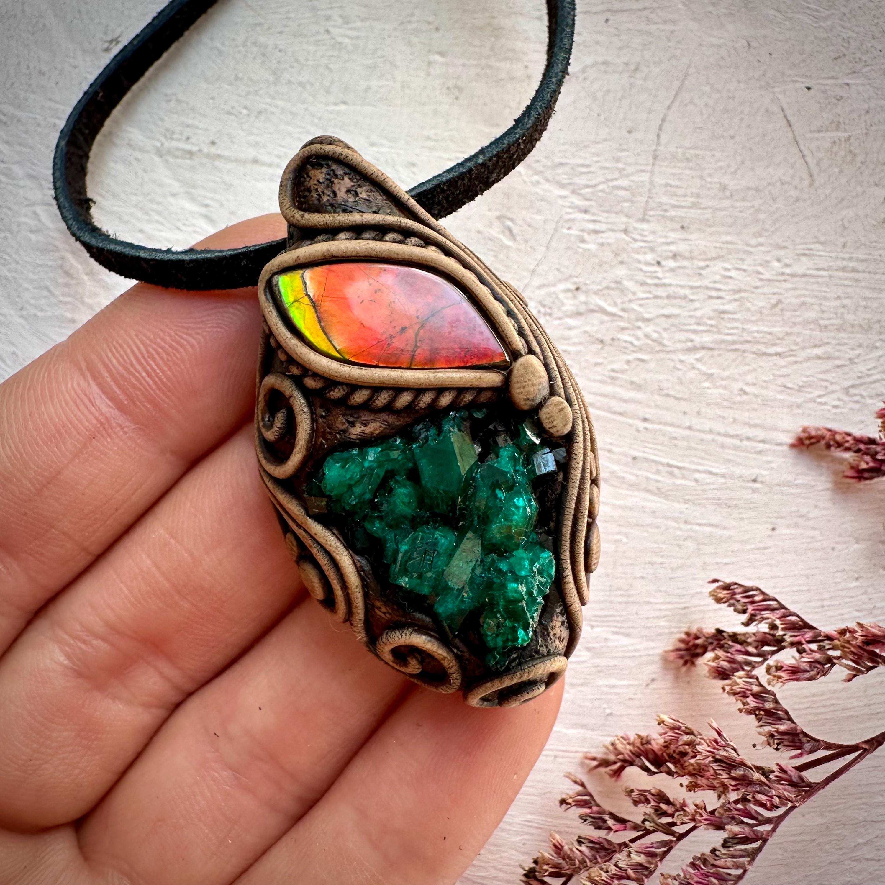 Dioptase and Ammolite Pendant Necklace - FairyGardenGlow