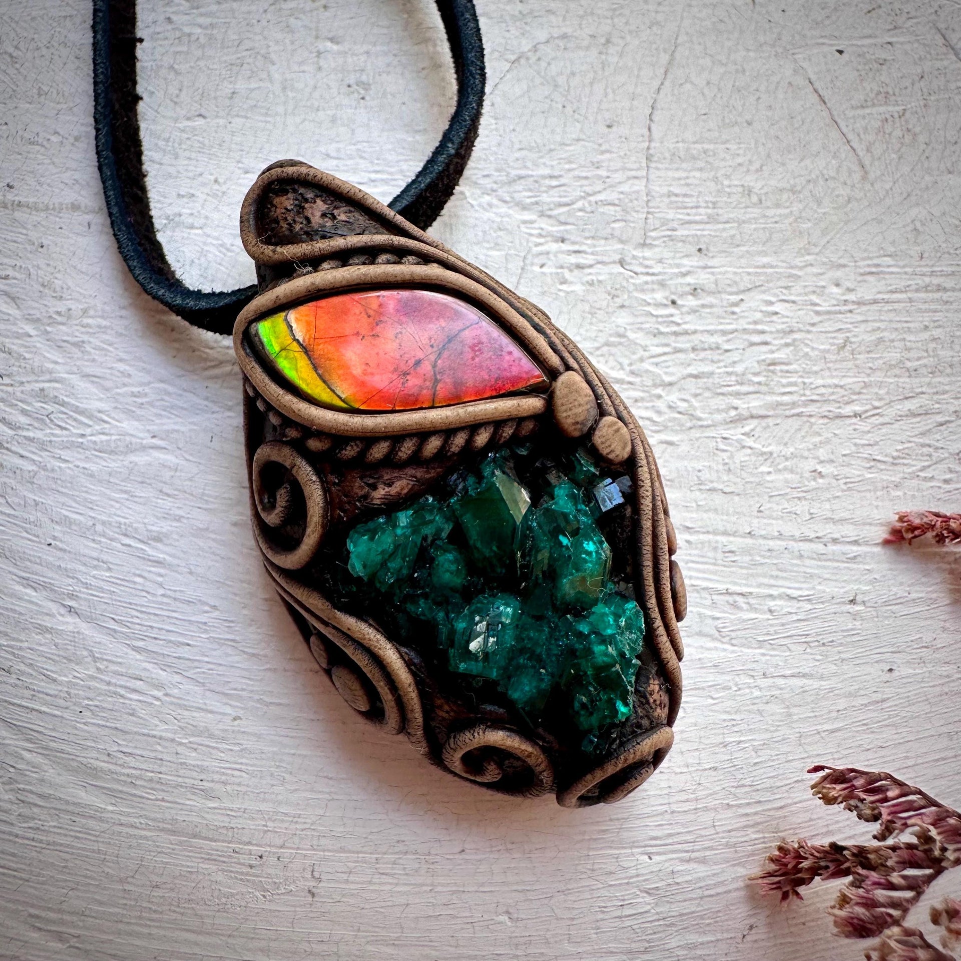 Dioptase and Ammolite Pendant Necklace - FairyGardenGlow