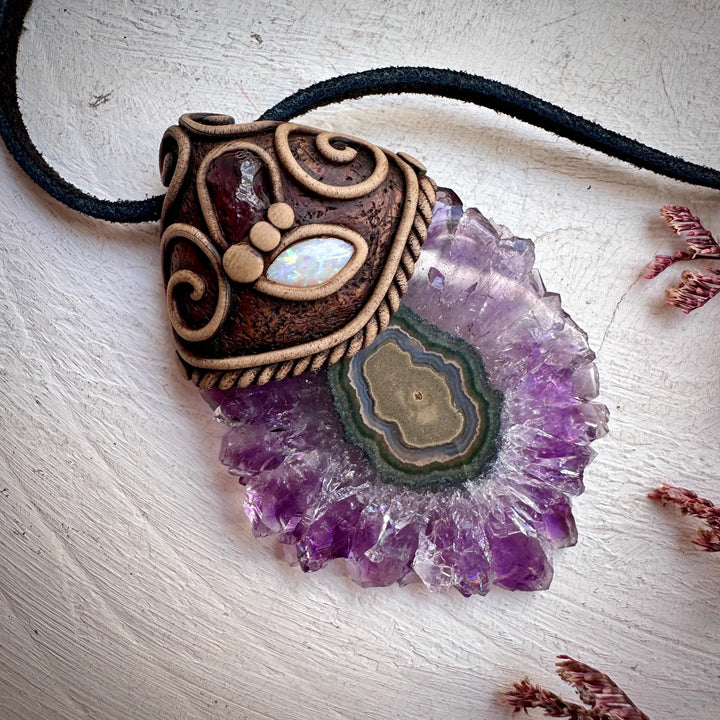 Amethyst Stalactite with Australian Opal and Rhodolite Garnet Necklace - FairyGardenGlow