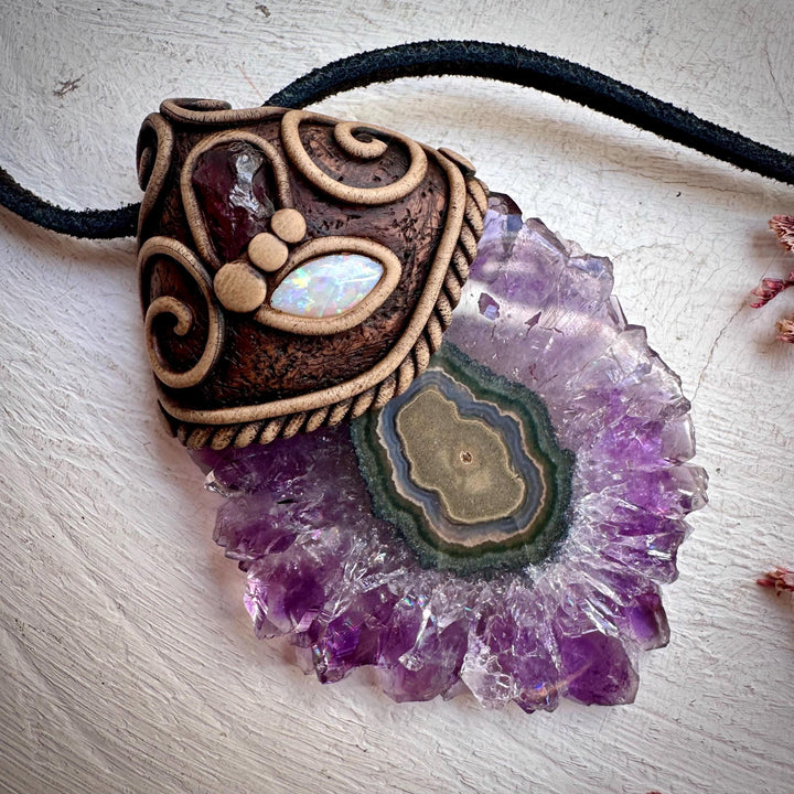 Amethyst Stalactite with Australian Opal and Rhodolite Garnet Necklace - FairyGardenGlow