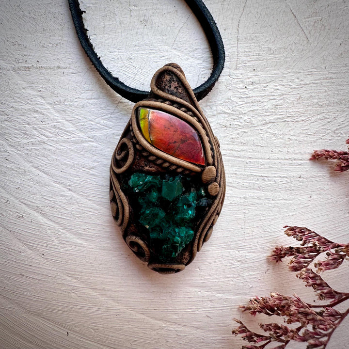 Dioptase and Ammolite Pendant Necklace - FairyGardenGlow