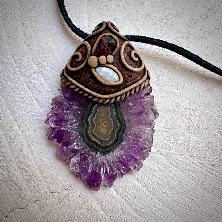 Amethyst Stalactite with Australian Opal and Rhodolite Garnet Necklace - FairyGardenGlow