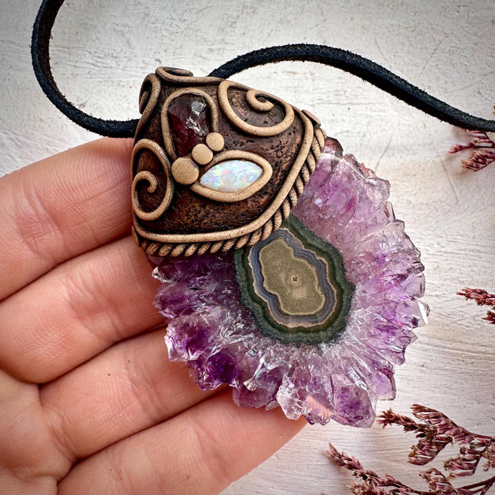 Amethyst Stalactite with Australian Opal and Rhodolite Garnet Necklace - FairyGardenGlow