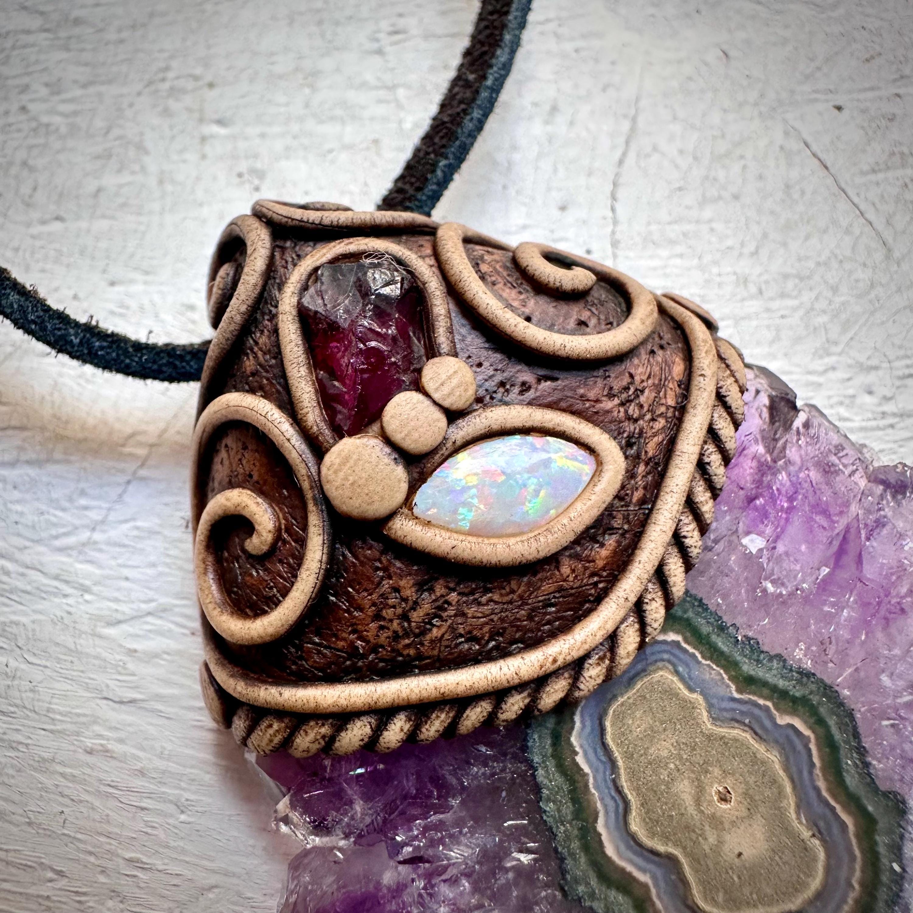 Amethyst Stalactite with Australian Opal and Rhodolite Garnet Necklace - FairyGardenGlow