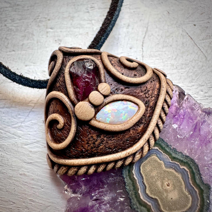 Amethyst Stalactite with Australian Opal and Rhodolite Garnet Necklace - FairyGardenGlow