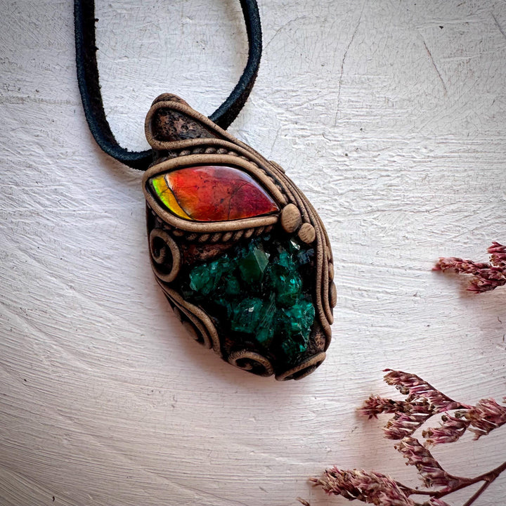 Dioptase and Ammolite Pendant Necklace - FairyGardenGlow