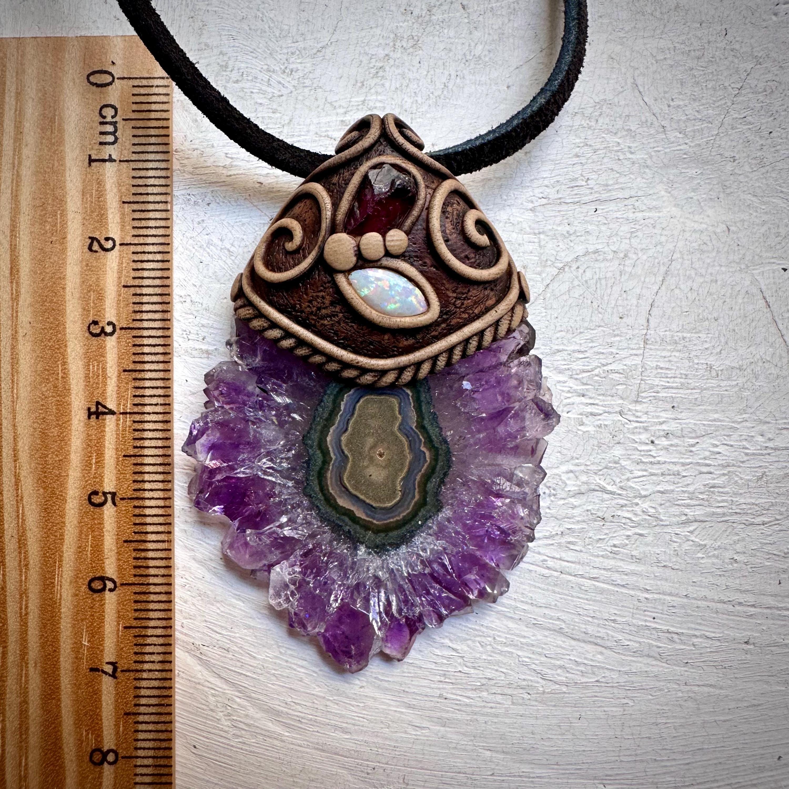 Amethyst Stalactite with Australian Opal and Rhodolite Garnet Necklace - FairyGardenGlow