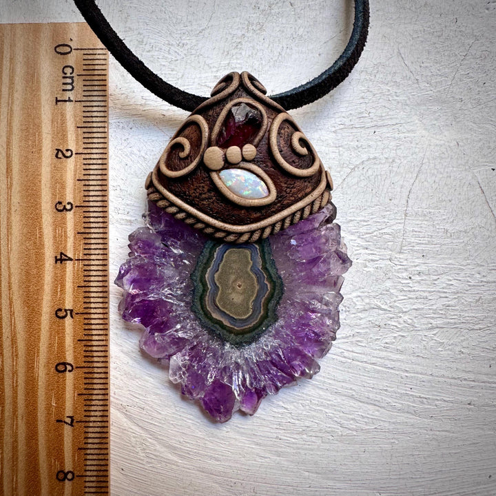Amethyst Stalactite with Australian Opal and Rhodolite Garnet Necklace - FairyGardenGlow