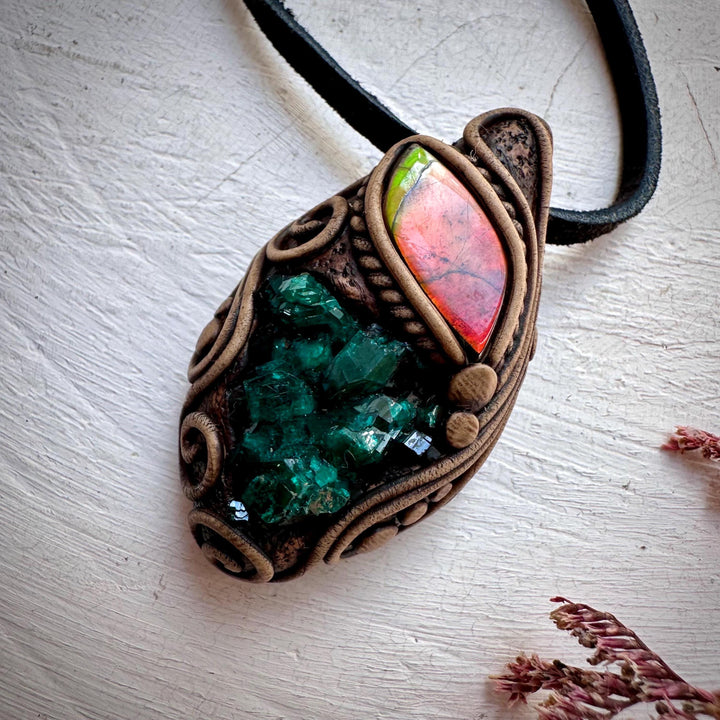 Dioptase and Ammolite Pendant Necklace - FairyGardenGlow