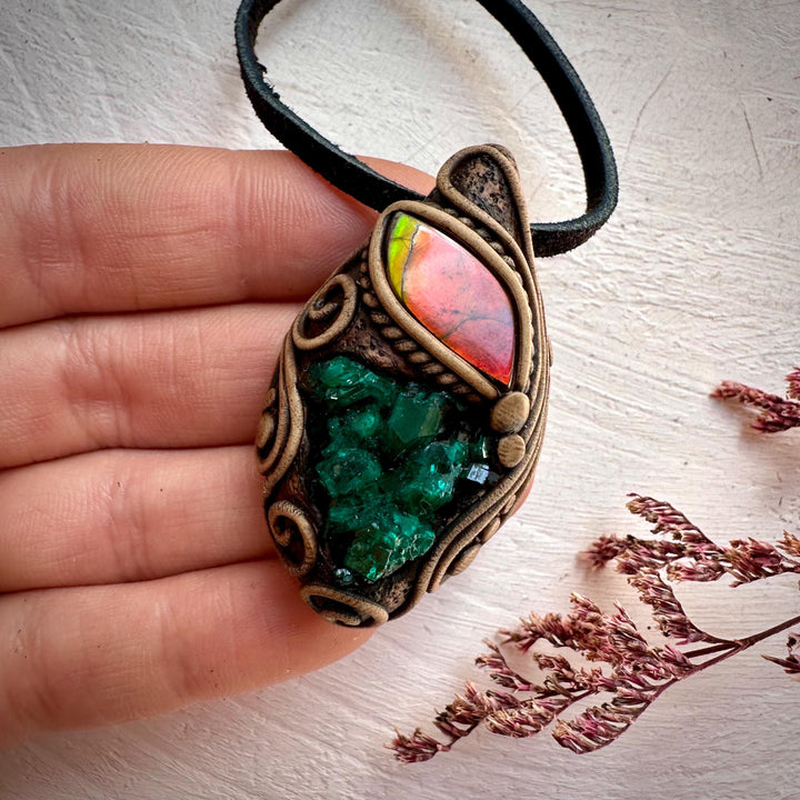 Dioptase and Ammolite Pendant Necklace - FairyGardenGlow
