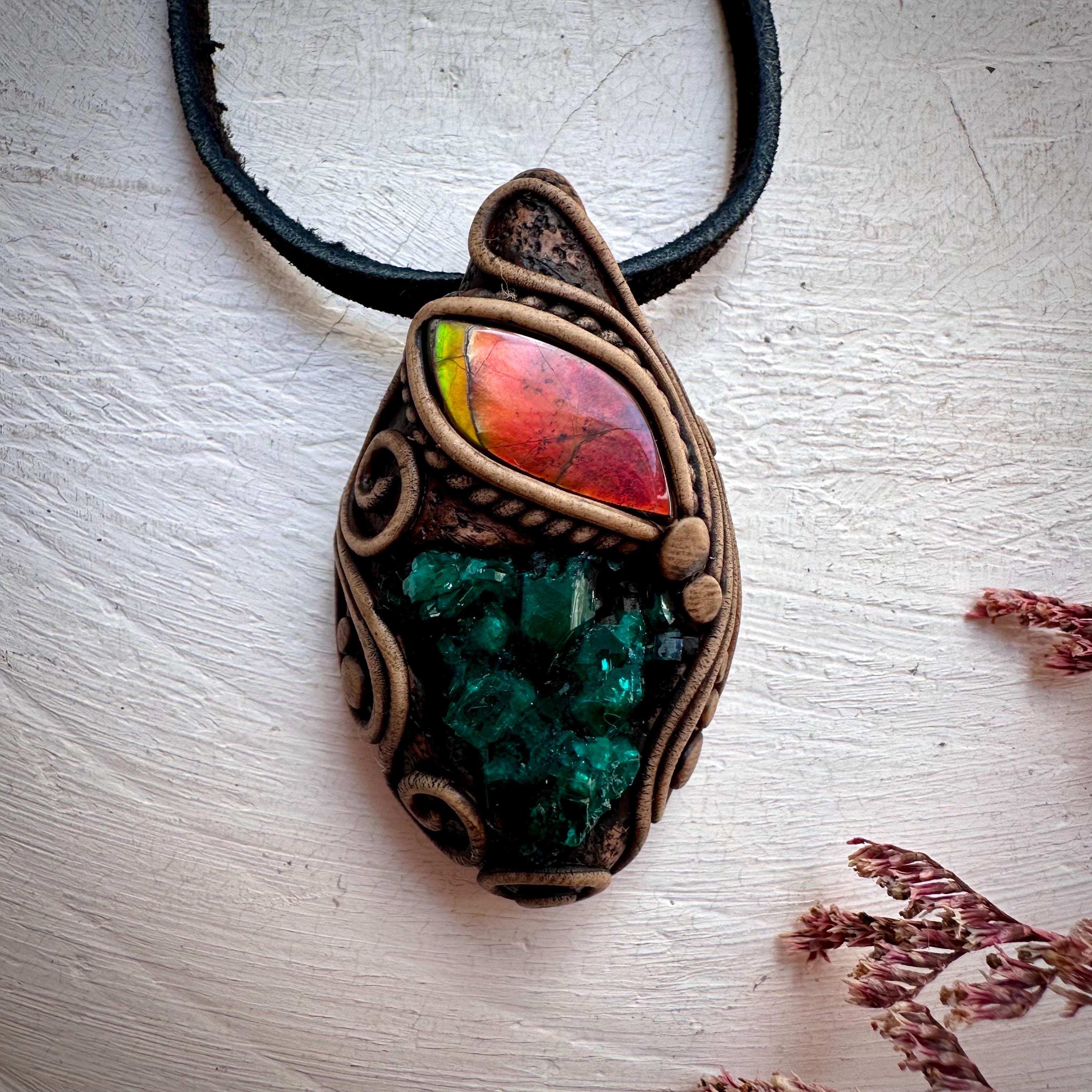 Dioptase and Ammolite Pendant Necklace - FairyGardenGlow