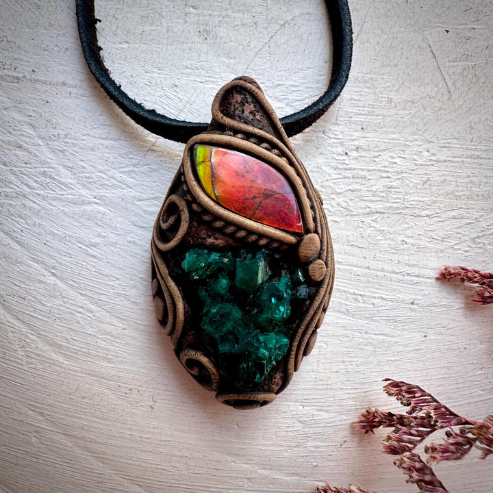 Dioptase and Ammolite Pendant Necklace - FairyGardenGlow