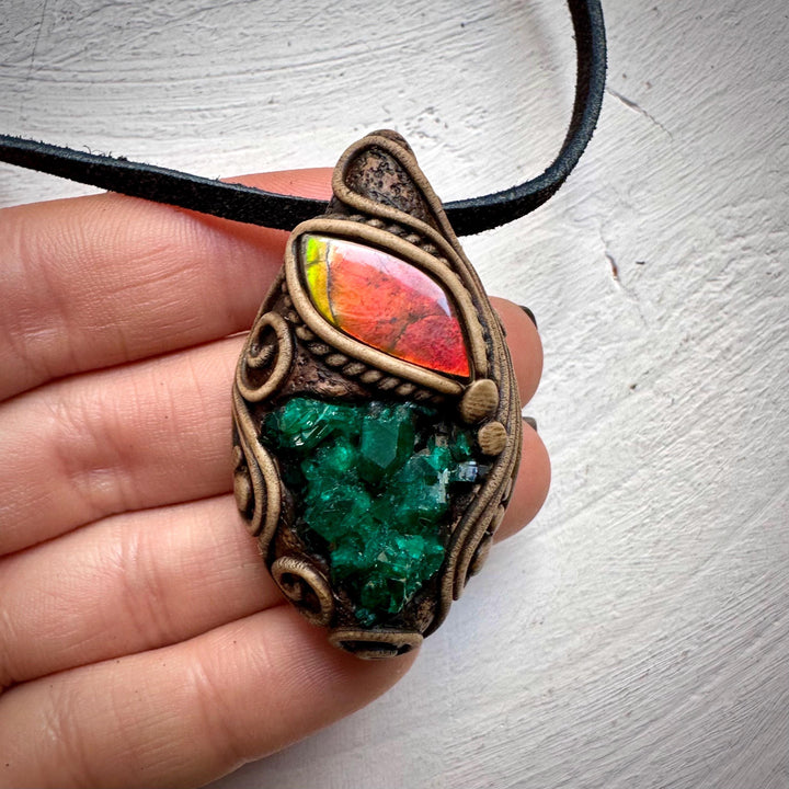 Dioptase and Ammolite Pendant Necklace - FairyGardenGlow