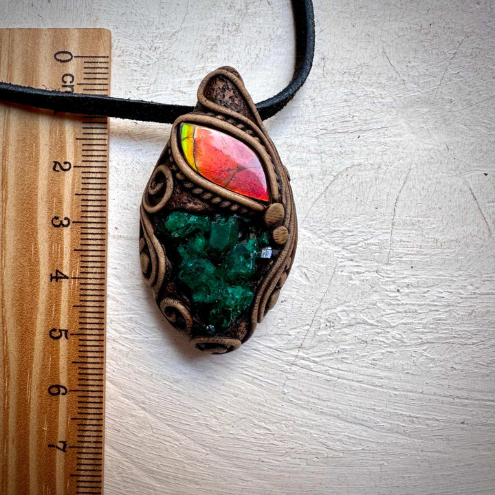 Dioptase and Ammolite Pendant Necklace - FairyGardenGlow