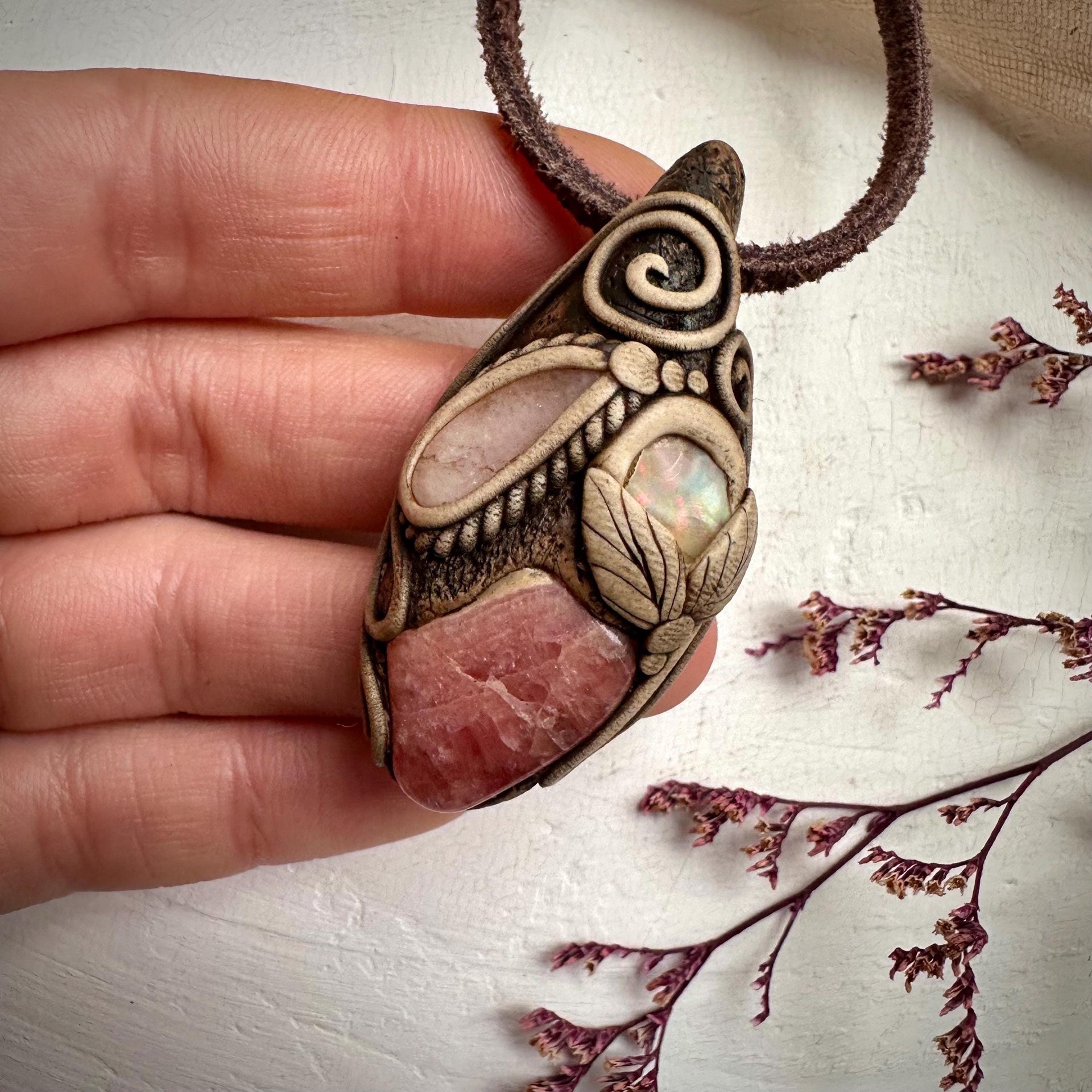 Rhodochrosite Morganite and Raw Opal Necklace - FairyGardenGlow