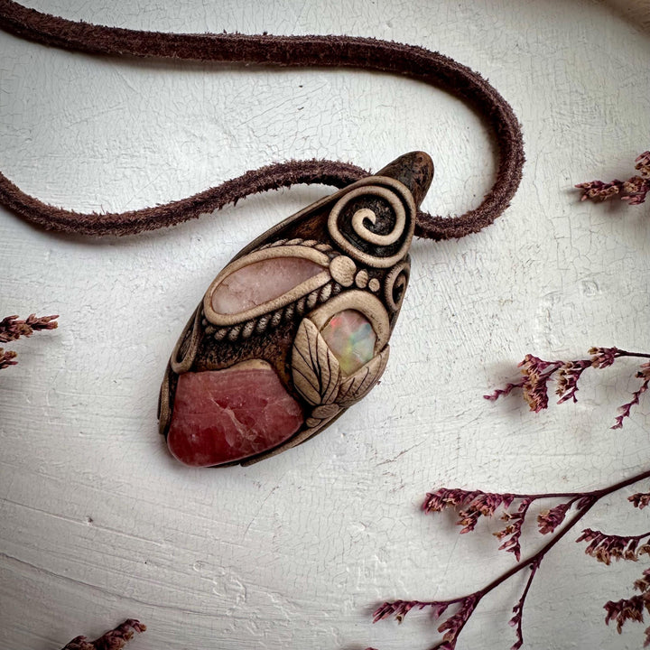 Rhodochrosite Morganite and Raw Opal Necklace - FairyGardenGlow
