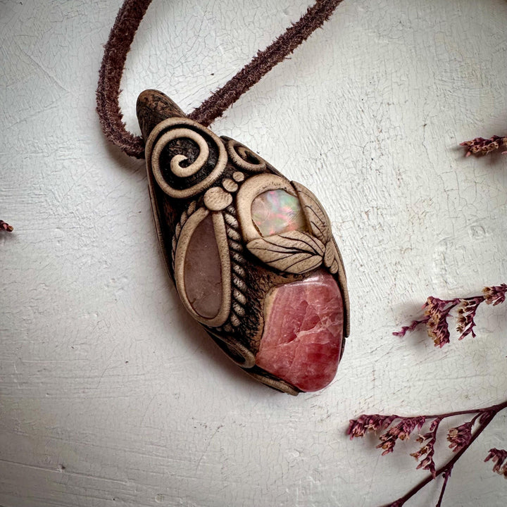 Rhodochrosite Morganite and Raw Opal Necklace - FairyGardenGlow