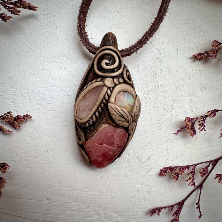 Rhodochrosite Morganite and Raw Opal Necklace - FairyGardenGlow